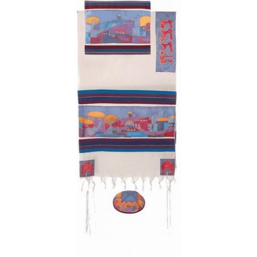 Woven Cotton and Silk Tallit Set, Colorful Jerusalem Images - Yair Emanuel