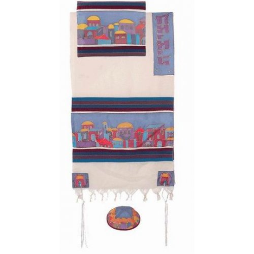 Woven Cotton and Silk Tallit Set, Multicolor Jerusalem Views - Yair Emanuel
