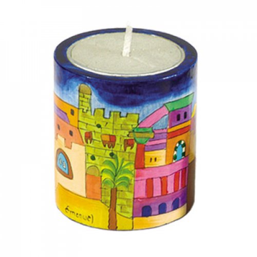 Yahrzeit Memorial Hand Painted Wood Candle Holder, Jerusalem - Yair Emanuel