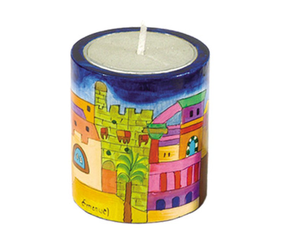 Yahrzeit Memorial Hand Painted Wood Candle Holder, Jerusalem - Yair Emanuel