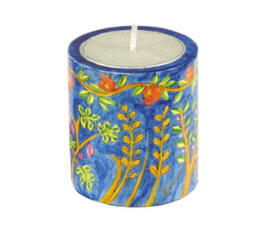 Yahrzeit Memorial Hand Painted Wood Candle Holder, Seven Species - Yair Emanuel