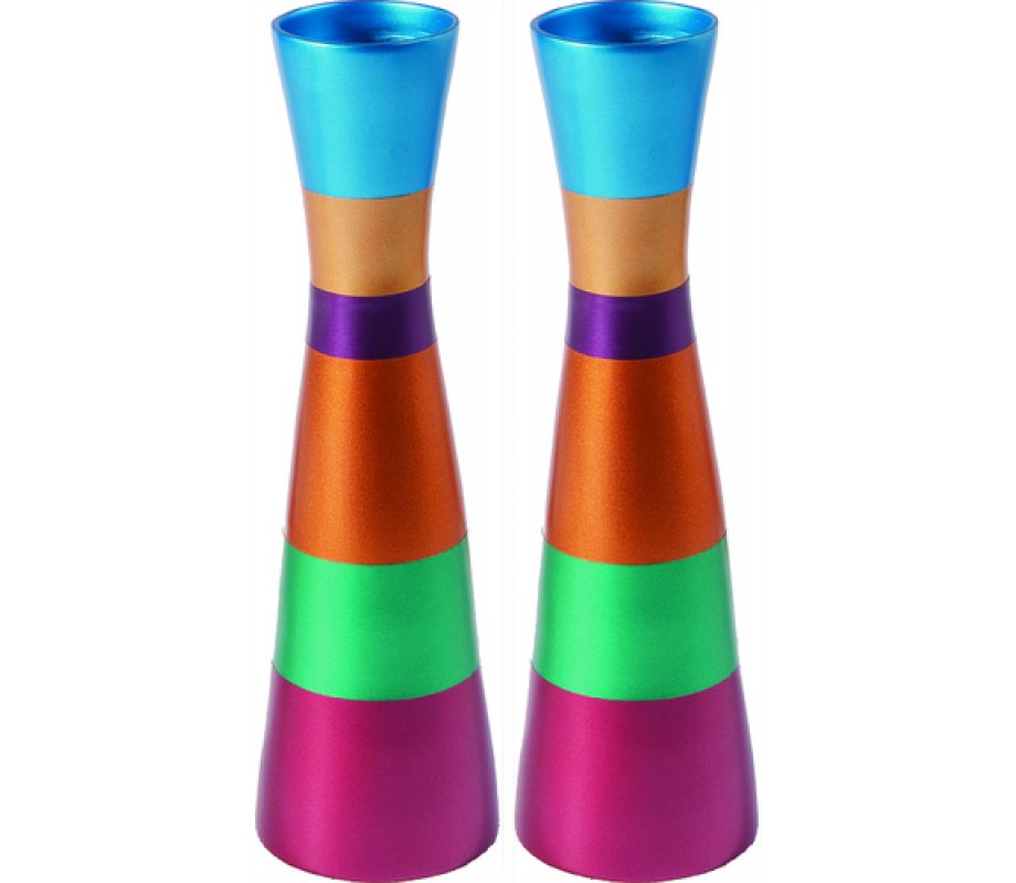 Yair Emanuel Anodized Aluminum Slender Shabbat Candlesticks - Colored Bands