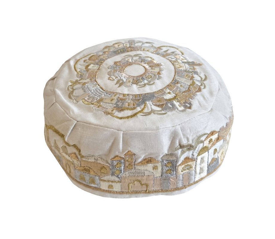 Yair Emanuel Embroidered Bucharian Kippah - Gold and Silver Jerusalem on White - Yair Emanuel