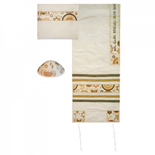 Yair Emanuel Embroidered Gold Silk-Polyester Tallit Set - Star of David, Menorah