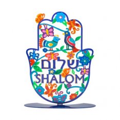 Yair Emanuel Large Hand Painted Hamsa on a Base – English and Hebrew Shalom with Birds