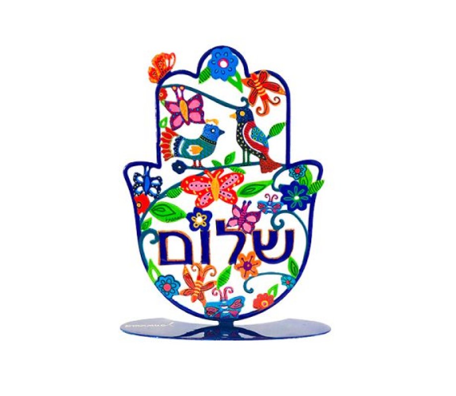 Yair Emanuel Large Hand Painted Standing Hamsa, Spring Scene – Shalom in Hebrew