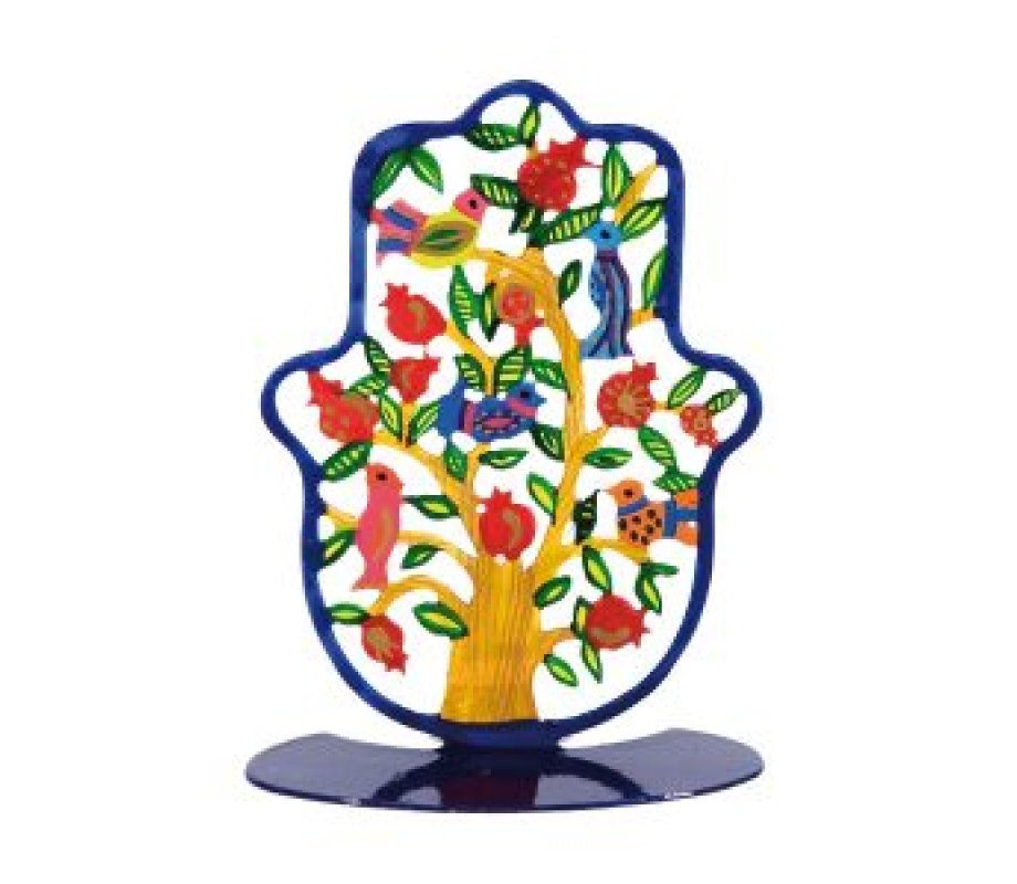 Yair Emanuel Small Hand-painted Hamsa on Stand - Tree of Life, Pomegranates and Birds