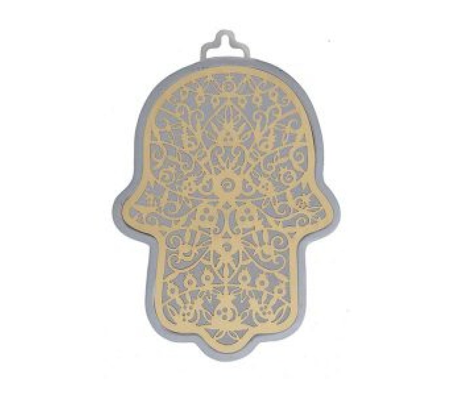 Yair Emanuel Wall Hamsa with Overlay of Cutout Pomegranate Images, Gold on Silver- Yair Emanuel