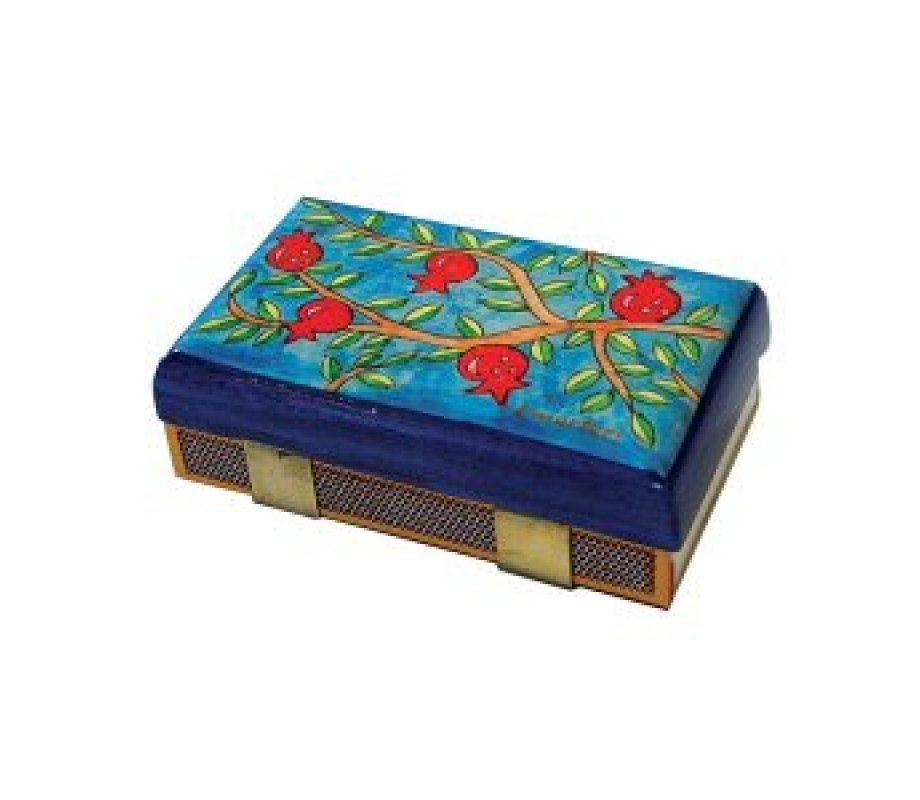 Yair Emanuel Wood Match Box Holder, Large - Painted Leafy Pomegranates