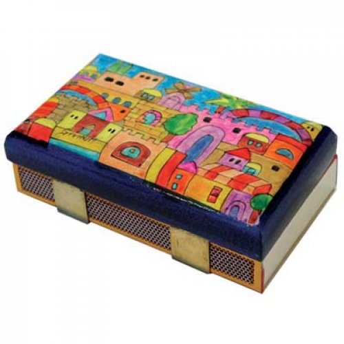 Yair Emanuel Wood Match Box Holder, Large - Painted Oriental Jerusalem