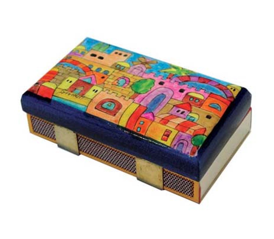 Yair Emanuel Wood Match Box Holder, Large - Painted Oriental Jerusalem