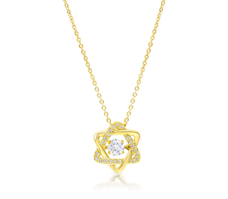 Yellow Gold Plated Necklace, Zircon Decorated Star of David Pendant – Stainless Steel