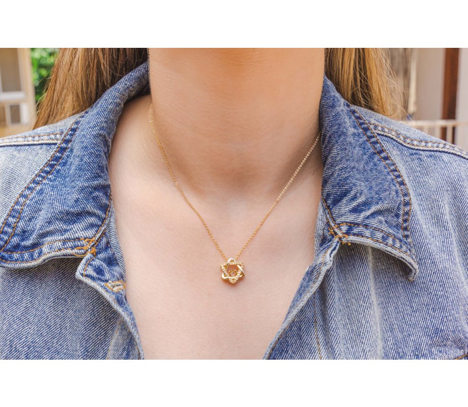 Yellow Gold Plated Necklace, Zircon Decorated Star of David Pendant – Stainless Steel