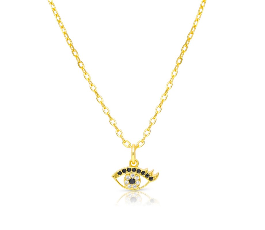 Yellow Gold Plated Necklace of Sterling Silver, Evil Eye Pendant - Glittering Zircons