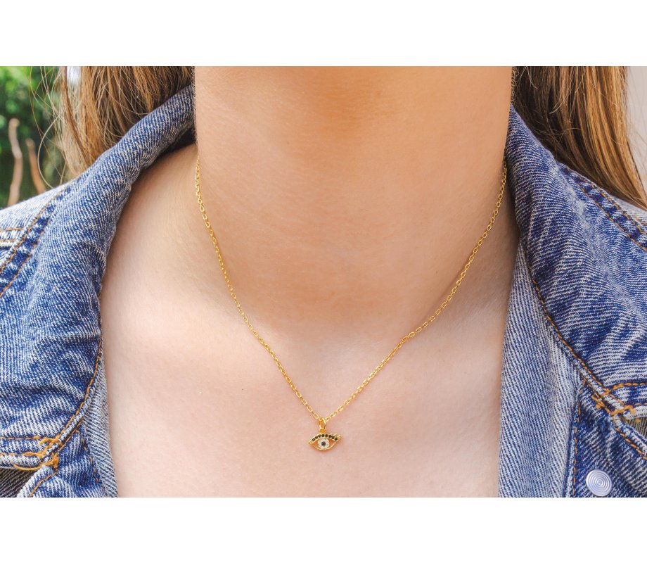 Yellow Gold Plated Necklace of Sterling Silver, Evil Eye Pendant - Glittering Zircons