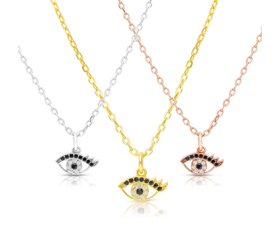 Yellow Gold Plated Necklace of Sterling Silver, Evil Eye Pendant - Glittering Zircons