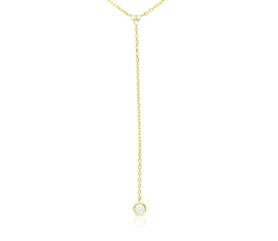 Yellow Gold Plated Sterling Silver Necklace – Zircon Decorated Lariat Pendant