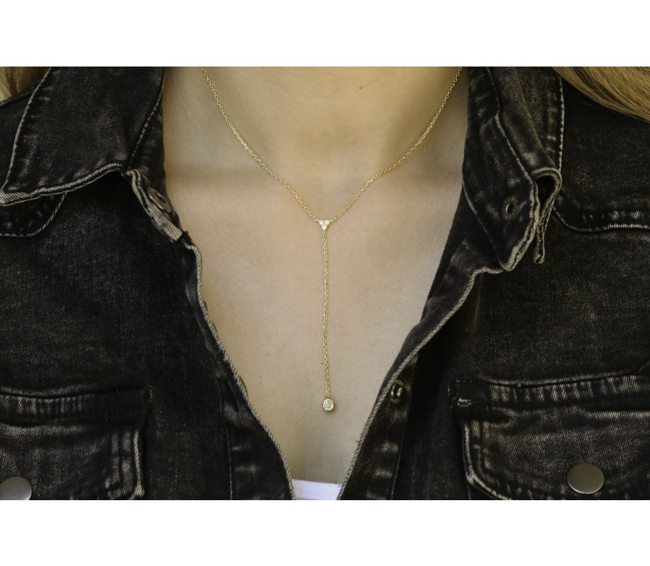 Yellow Gold Plated Sterling Silver Necklace – Zircon Decorated Lariat Pendant