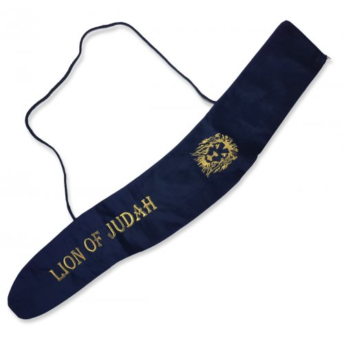 Yemenite Shofar Pouch Blue Velvet Lion of Judah Design - for 36 to 46 inches long