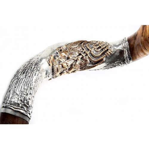 Yemenite Shofar with Sterling Silver Decoration - Lion of Judah and Menorah