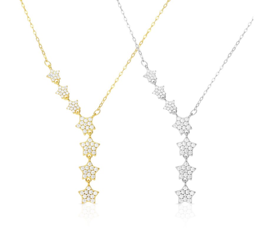 Zircon Studded Stars on Sterling Silver Lariat Necklace - Choose Yellow Gold or Silver