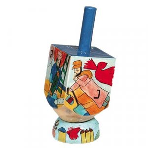 Hand Painted Wood Dreidel with Stand Shtetl Figures Small - Yair Emanuel