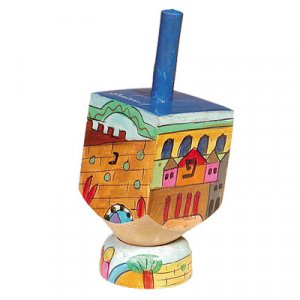 Hand Painted Wood Dreidel on Stand with Jerusalem Images, Small - Yair Emanuel
